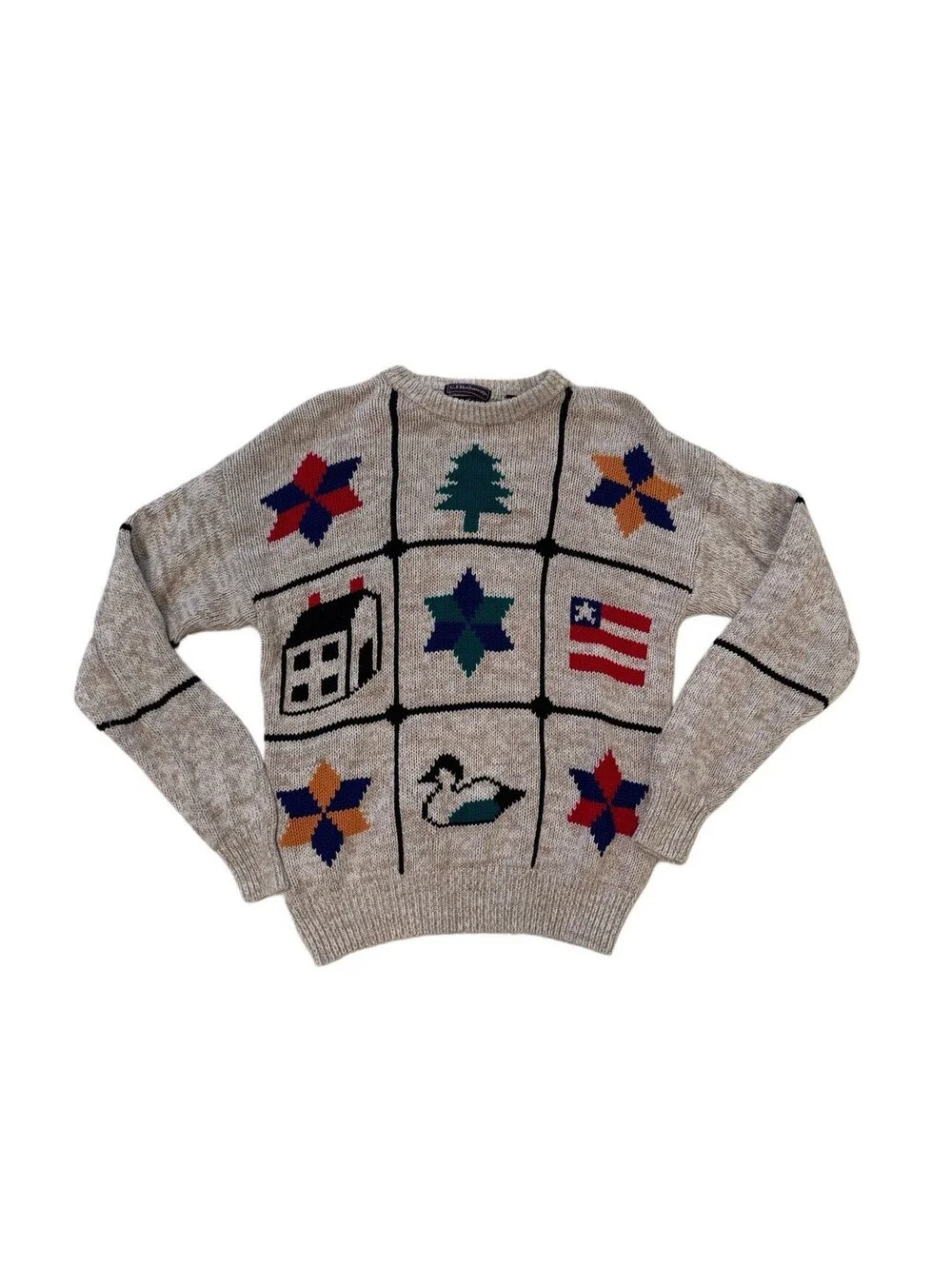 VTG C.F Hathaway Hand Intarsia Sweater Men’s L 100% Cotton Patchwork Graphic